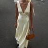 Women's Satin Tie Shoulder V Neck Sleeveless High Waist Bodycon Maxi Dress Sexy Backless Evening Long Dress