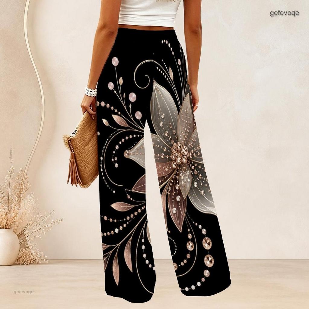Women Plus Size Loose Wide Leg Long Pants Exquisite Gem Star Print Elastic High Waist Casual Trousers For Daily Beach Vacation Wear
