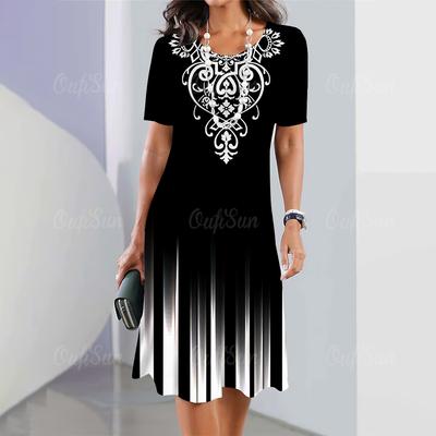 Modisches Gestreiftes Damenkleid Einfaches Bedrucktes Kurzarm-Damenkleid Elegantes Schwarzes Damenkleid Pullover