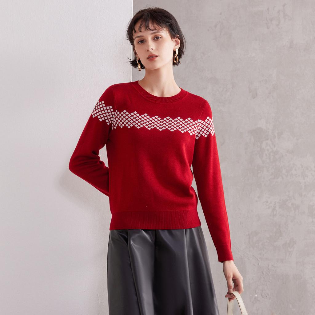 Women's Wool Blend Grid Pattern Knit Sweater