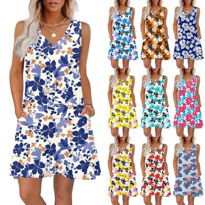 Women's Summer Dresses Loose Fit Printed V Neck Sleeveless Sundresses Beach Hawaiian Dress With Pockets