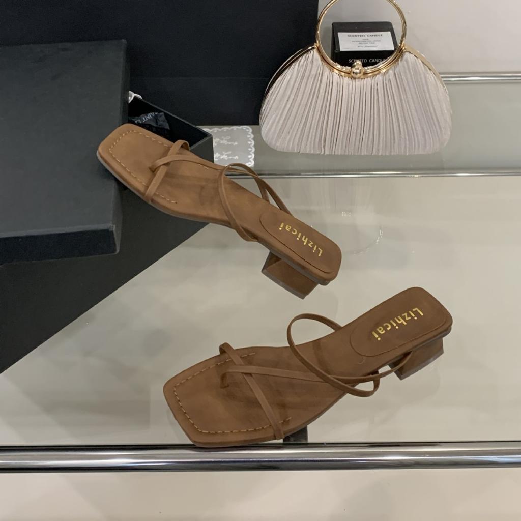 2025 Summer New Thick Heel French Square Toe Cool Slippers Women's Shoes Outside