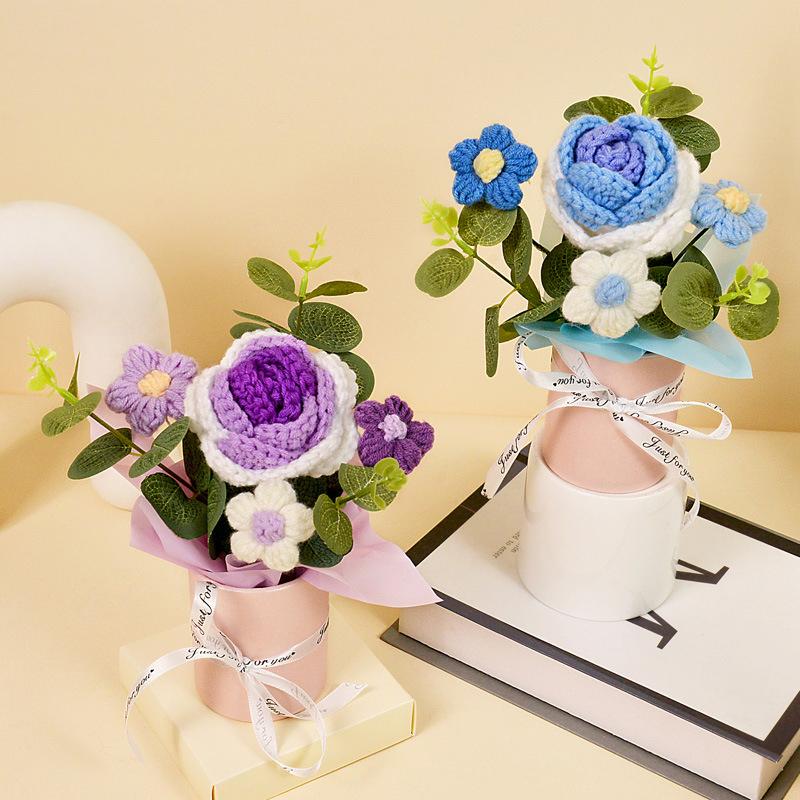 1PC Puff Permanent Rose Valentine's Day Knitted DIY Artificial Flower Gift Handmade Elegant Bouquet Romantic