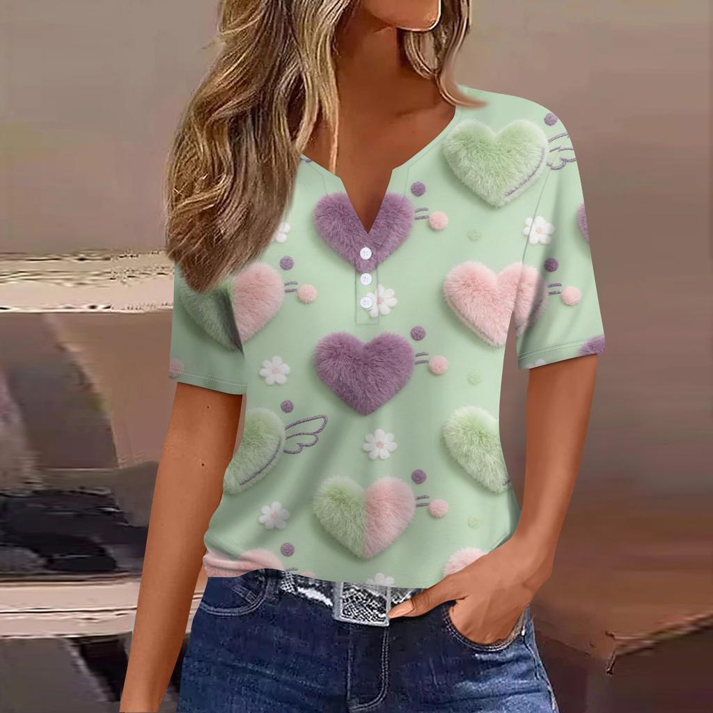 Women's Fashion Casual V,Neck Short,Sleeve T,Shirt With Decorative Buttons And Valentine's Day Print Top