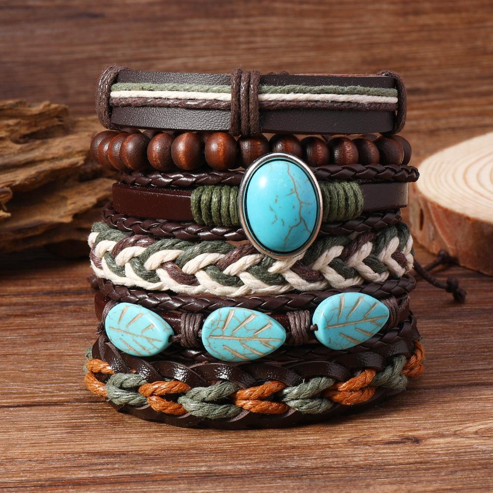 

Сплетенный вручную женский бирюзовый браслет из богемной веревки с многослойными бусинами, винтажные унисекс-ювелирные аксессуары, мужской браслет для путешествий и праздников