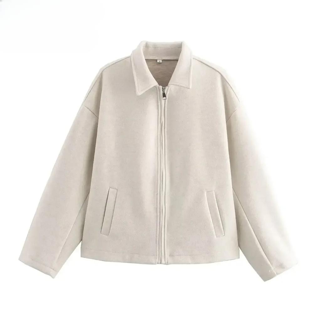 Wool Blended Jacket for Women Fashion Autumn Winter New Long Sleeved Lapel Zip Pocket Warm Woolen Jackets Short Coats