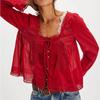 Women Y2k Vintage Long Sleeve Lace Up Blouse Scoop Neck Open Front Tie Lace Trim Crop Ruffle Solid Color Shirt