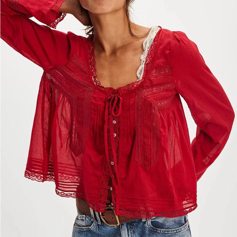 Women Y2k Vintage Long Sleeve Lace Up Blouse Scoop Neck Open Front Tie Lace Trim Crop Ruffle Solid Color Shirt