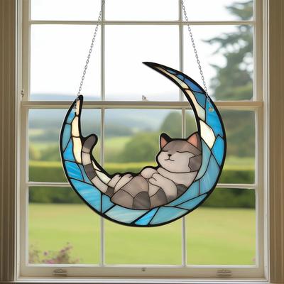 Moon Cat Stained Glass Style Acrylic Window Hanging Decoration Elegant Acrylic Window Decor Home and Garden Nature Lovers Gift