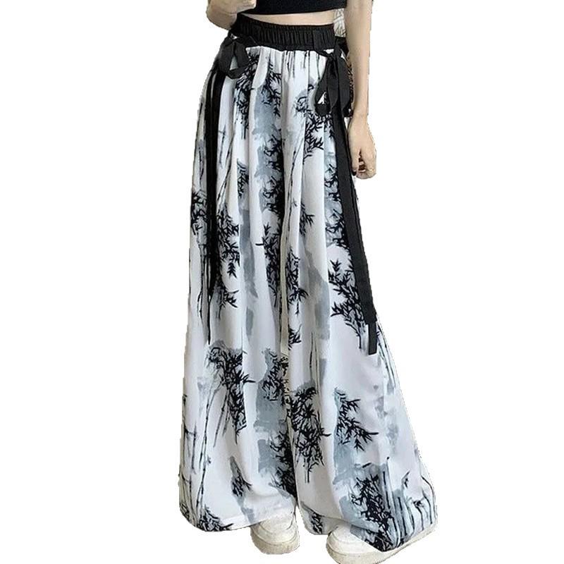 Women's Summer Ice Silk Tie-Dye Wide-Leg Pants with Ink Painting Print