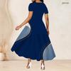 Women Plus Size Round Neck Short Sleeve Printed Gathered Waist A Line Long Dress
