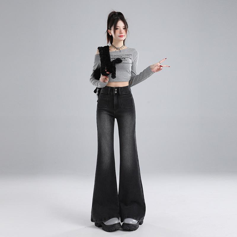 Autumn and Winter Black and Gray Slightly Pulled Jeans Women's New Autumn High-waisted Thin Small Flared Pants