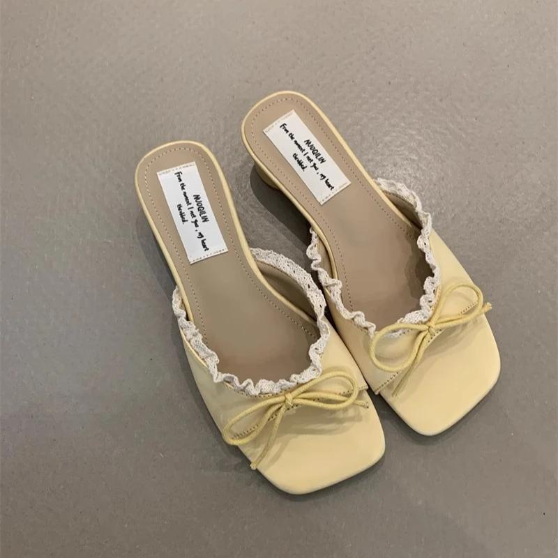 

Fashion Women s Sweet Lace Open-toed Sandals Comfortable Low Square Head Sweet Butterfly-knot Peep Toe Slippers Heels Party Slide Shoes 40 жёлтый