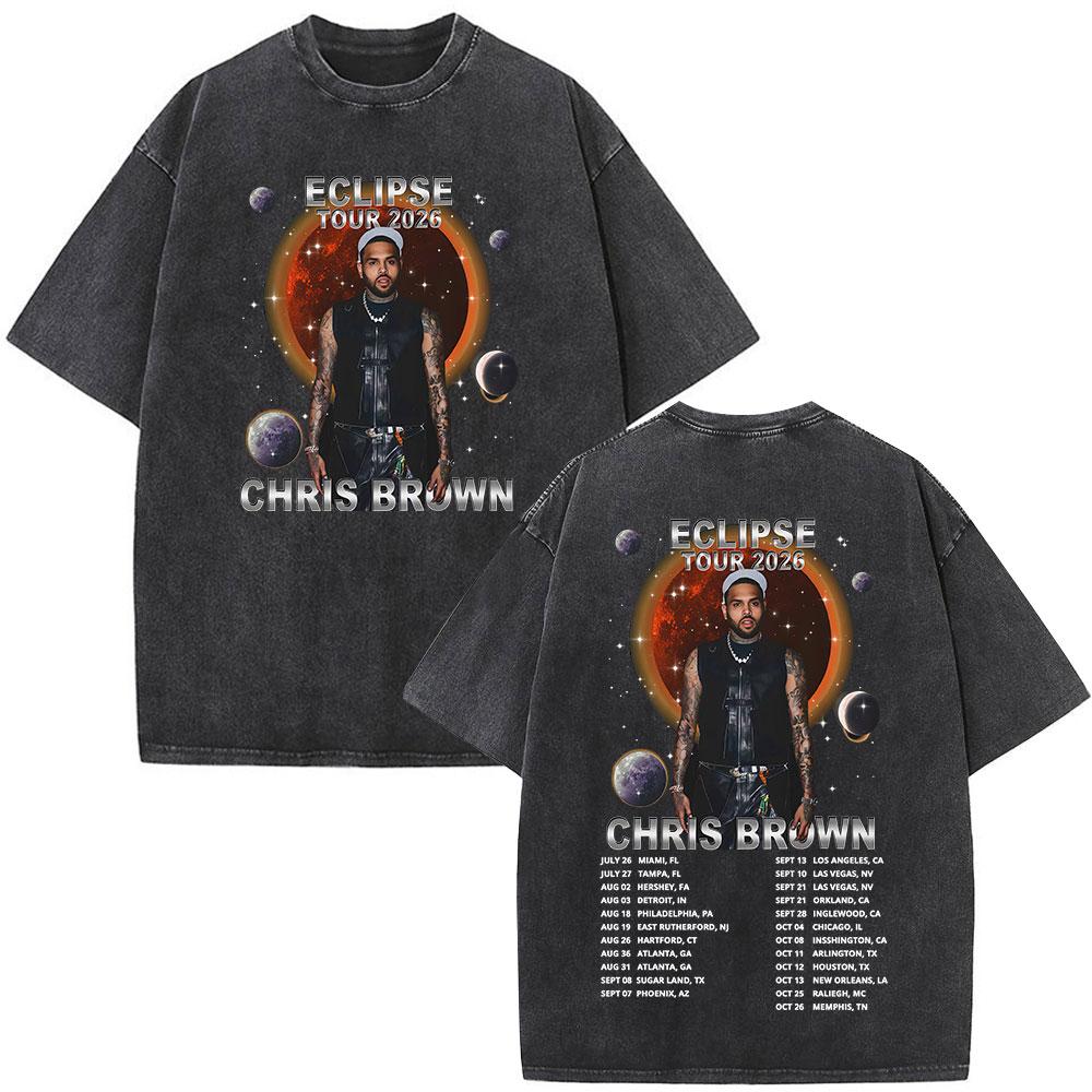 Rapper Chris Brown Eclipse Tour Merchandising Concerto Maglietta Lavata Vintage Regali per Fan Uomo Donna Moda Hip Hop Magliette Oversize