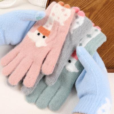 1 Pair Women Giraffe Knitted Gloves Winter Warm Thick Yarn Touchscreen Gloves Outdoor Cycling Cold Weather Five-Finger Thermal Gloves