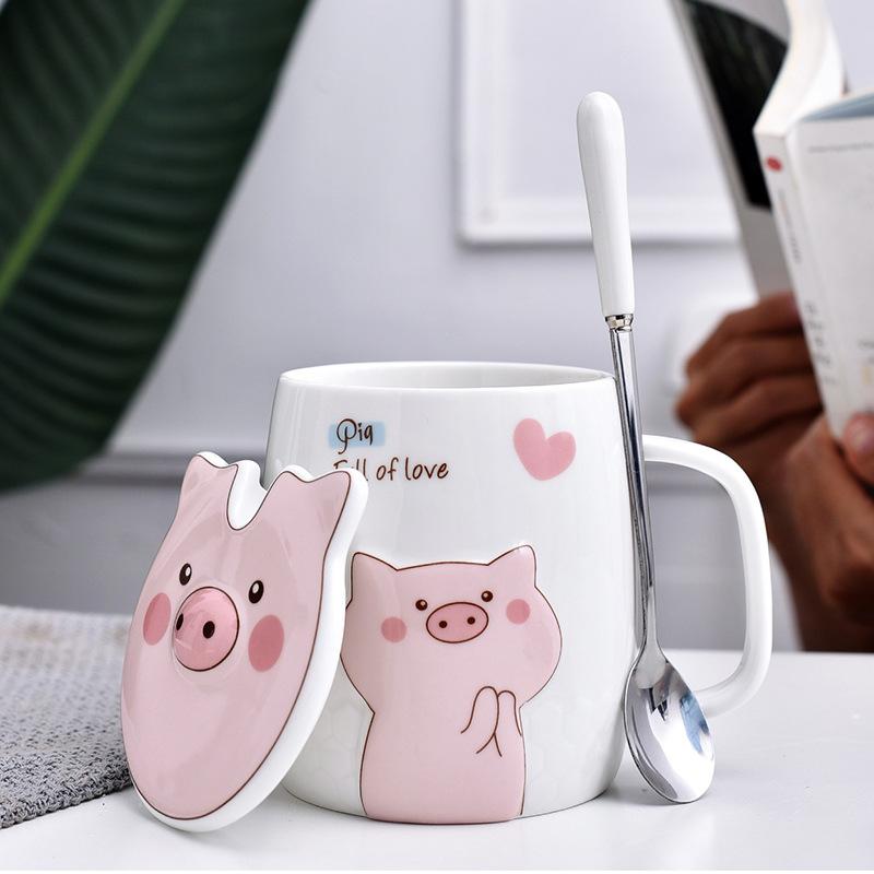 Creative Cartoon Cute Pig with Lid Ceramic Cup Boy and Girl Couple Mug Milk Cup Gift Cup Office Water Cup