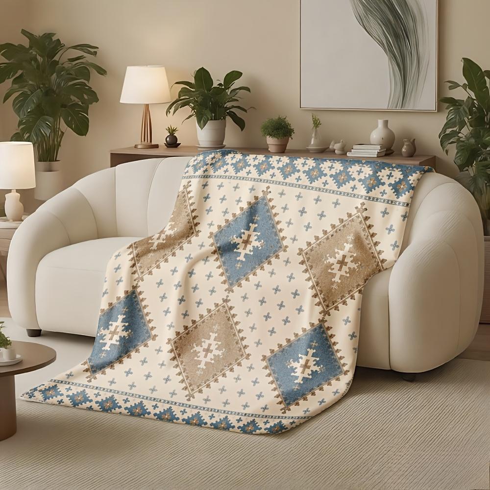 Bohemian Style Sofa Throw Blanket, Vintage Geometric Pattern Blanket, Cozy Autumn Home Decor, Blue and Beige Neutral Style Sofa Blanket, Christmas Gif