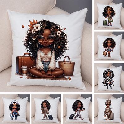 Mode Cartoon Afrikanisches Mädchen Kissenbezug Weicher Plüsch Kissenbezug für Sofa Heimdekor Niedlicher Schwarzer Frauen Überwurf-Kissenbezug
