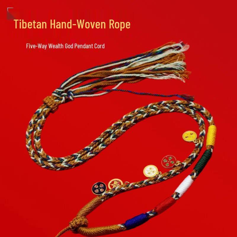 Eight-Strand Tibetan Handmade Necklace: Five Wealth Gods Amulet Pendant Rope with Thangka Hanging.