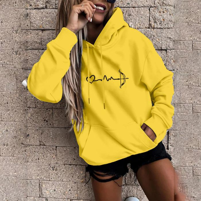 Korean Style Velvet EKG Print Casual Hoodie, Unisex Long Sleeve Pullover for Autumn/Winter