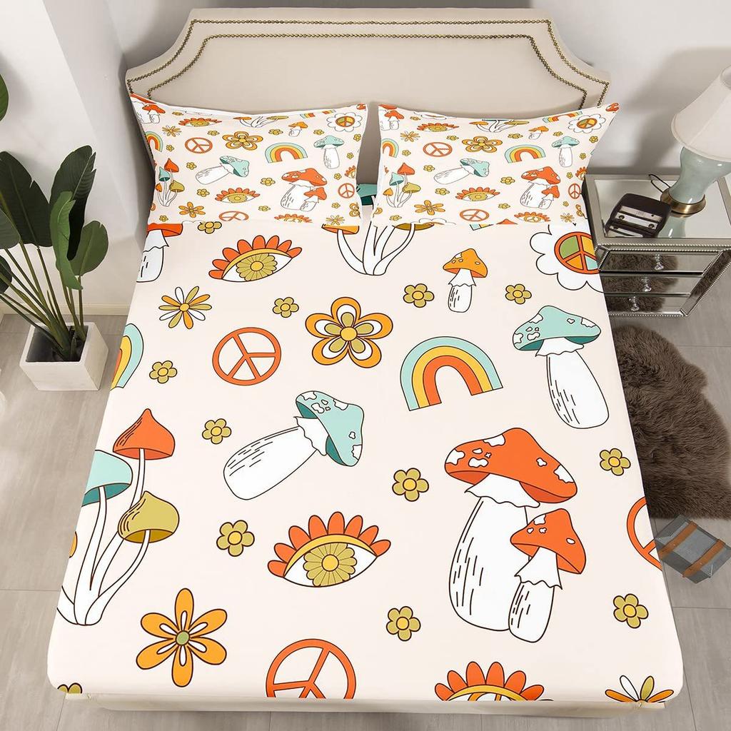 Mushroom Pattern Bed Hat Three-Piece Digital Printing Bed Hat Bedding Set Adult Children