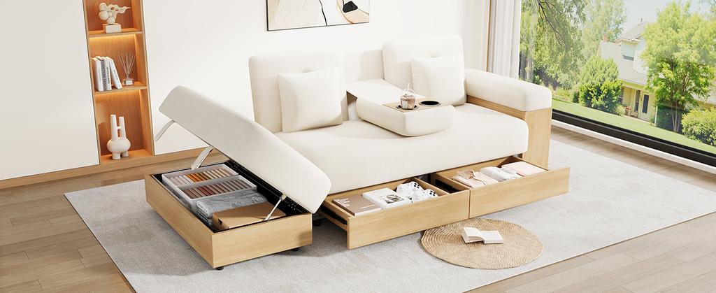 Divano Modulare con Contenitore, Schienale Regolabile su 3 Posizioni, Divano Letto con Cassetti, Tessuto in Chenille, Struttura in MDF, Portabicchieri e Pouf Contenitore, 217 cm, Beige