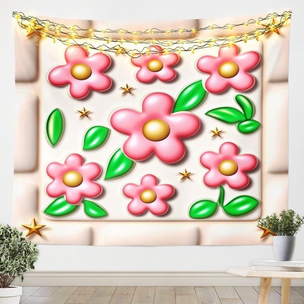 Dreamy Pastel Cloud Tapestry, Colorful Candy Sky with Glitter Stars Design, Bohemian Wall Art for Teen Room & Nursery