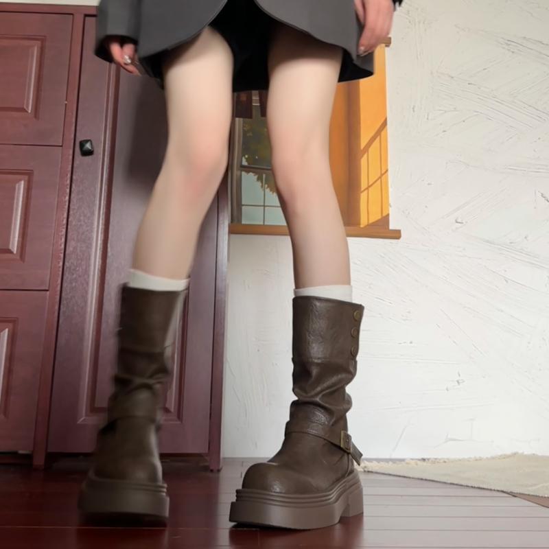 Fashion Design Winter Platform Thick Bottom Women Knight Boots Fashion Belt Buckle Slip On Mid Calf Booties