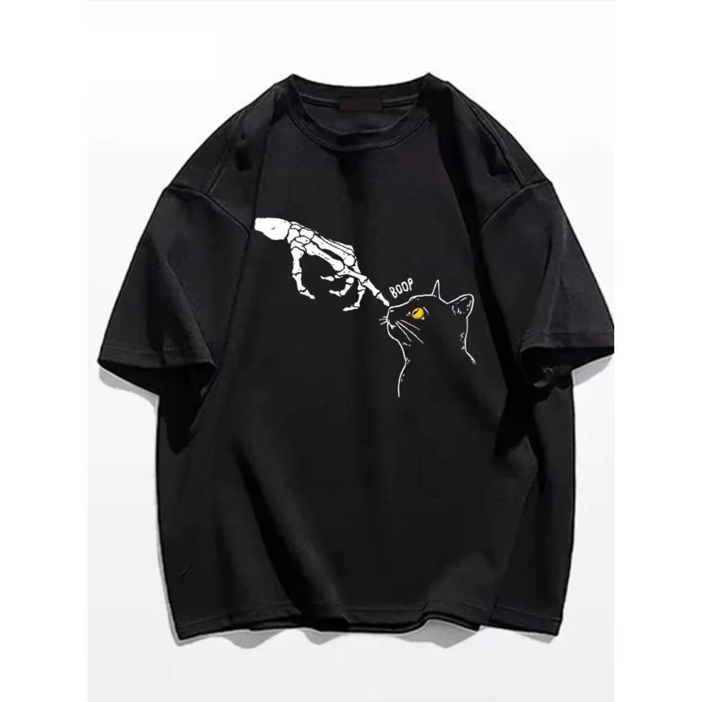 

Футболка со скелетом в горошек и пушистой киской, простая, мужская и женская, с круглым вырезом, уличная, свободного покроя, спортивная одежда с коротким рукавом S чёрный