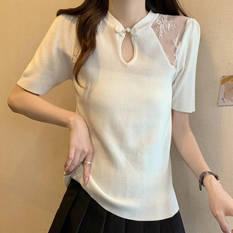 Women Sweaters Pullovers 2025 Summer Short Sleeve Stand Collar Black Knitted Sweater Women Tops Pullover JJ270