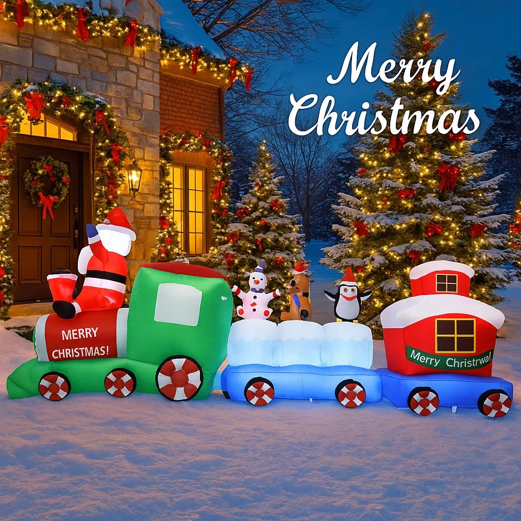 8.8FT LED Inflatable Christmas Yard DecorSanta Train with Friends Xmas Toy Home Decoration Supplies Ornament Gifts Holiday Decor