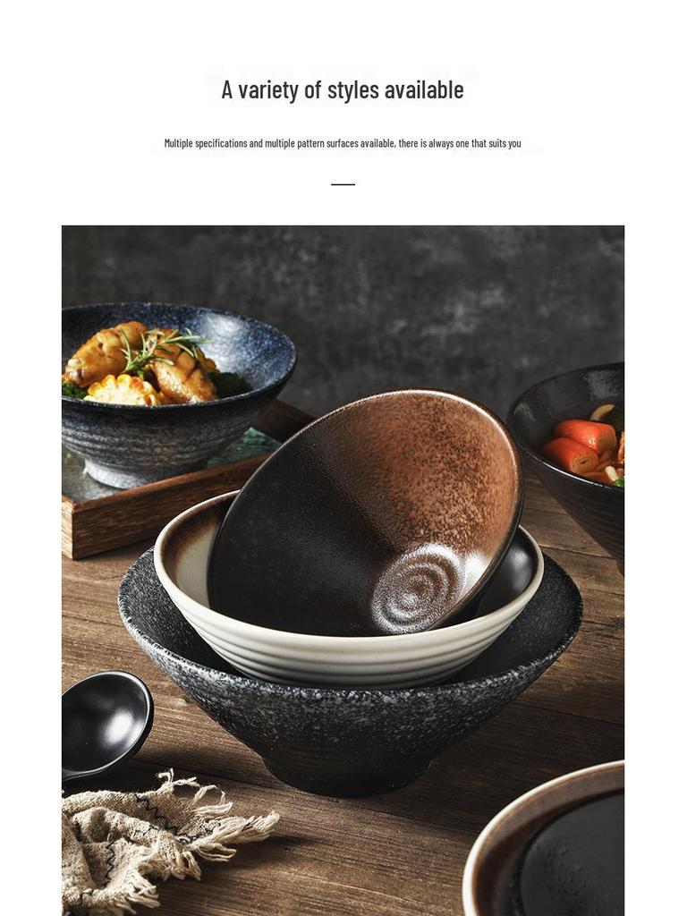 Japanese-Style Ceramic Ramen Bowl - Large Retro Conical Hat Design for Soup, Salad, and Noodles