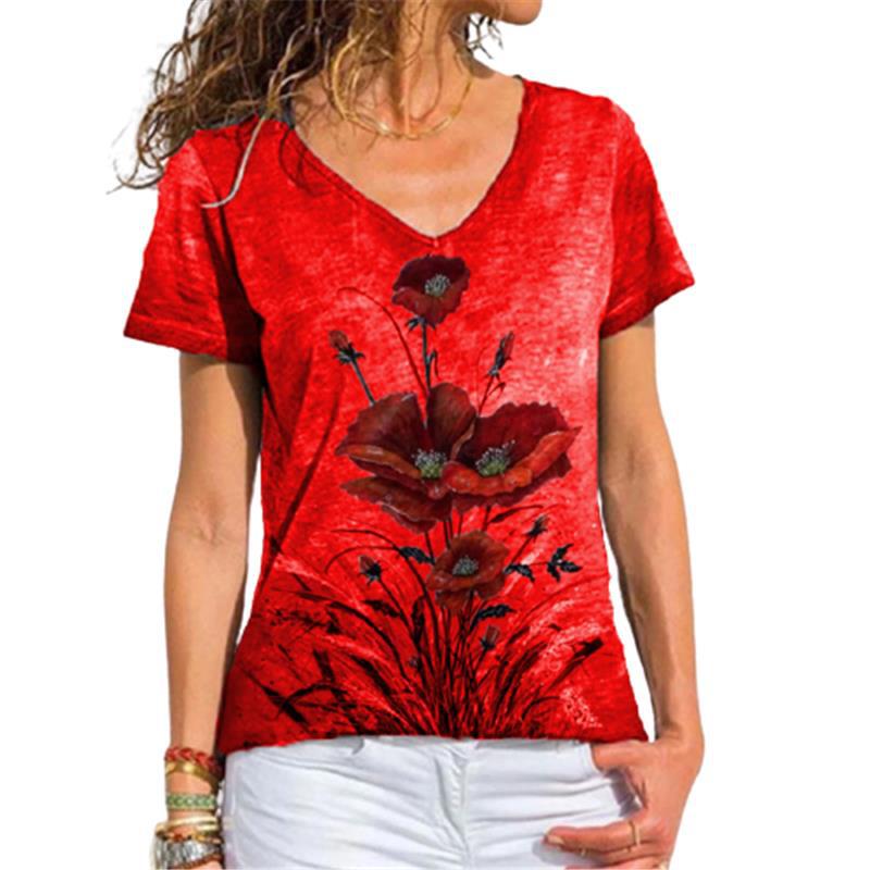 

Summer Women s V-neck Floral 3D Printed Women s Short Sleeved T-shirt S