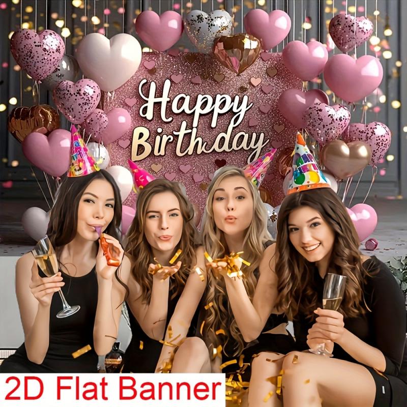 1Happy birthday Pink glitter background With balloons and hearts Suitable for parties No Power Supply Required