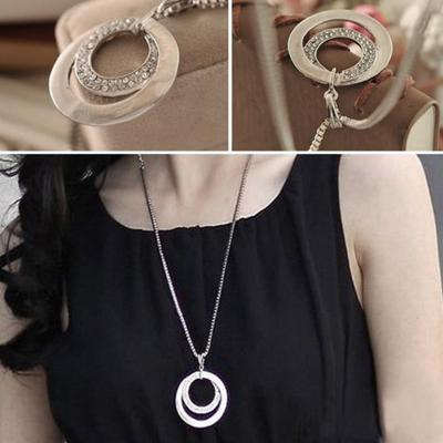 Diamonding Jewelry Women Chic Double Circles Crystal Stone Inlaid Long Chain Necklace
