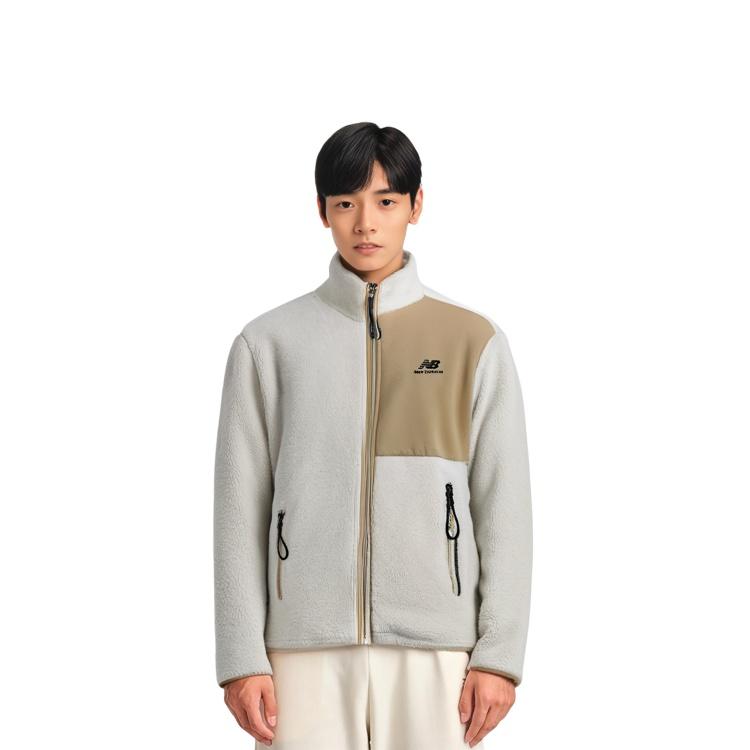 New Balance Contrasting Colors Knit Suede Sports Stand Collar Logo Lamb's Wool Jacket Autumn Creamy White Men's AMJ13346-MSU