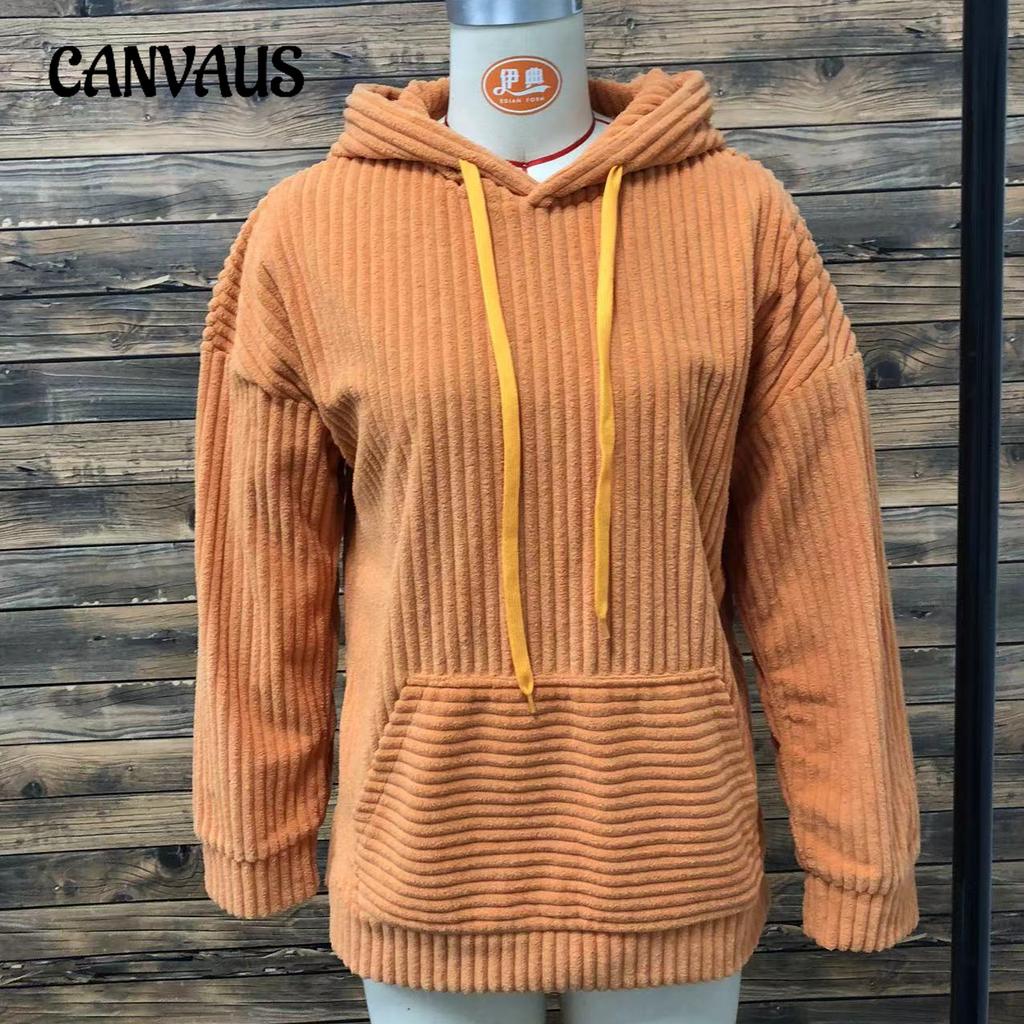Women's Plus Size Sweatshirt Thickened Corduroy Long Sleeve Solid Color Kangaroo Pocket Sling Hoodie