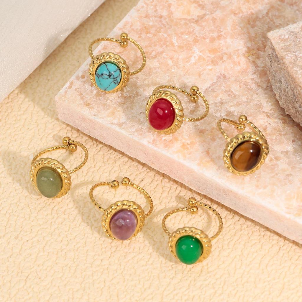 18K Gold-Plated Stainless Steel Open Adjustable Retro Natural Stone Ring
