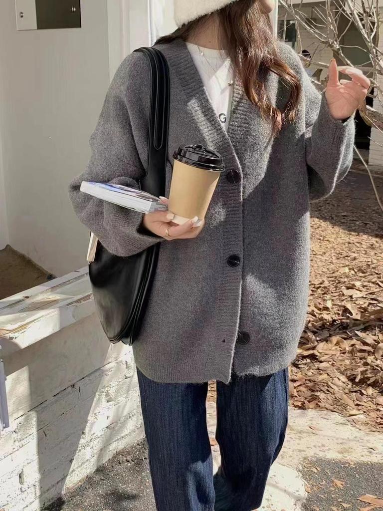 2025 Jaro/Podzim Dámský Volný Červený Pletený Kardigan - Korejský Styl Všestranný Svršek Svetr