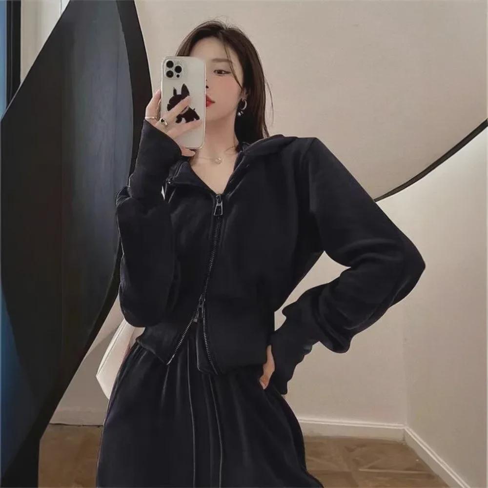 Toamna 2024, haine casual coreene pentru femei, din două piese: Pulover cu fermoar și pantaloni cu croi larg