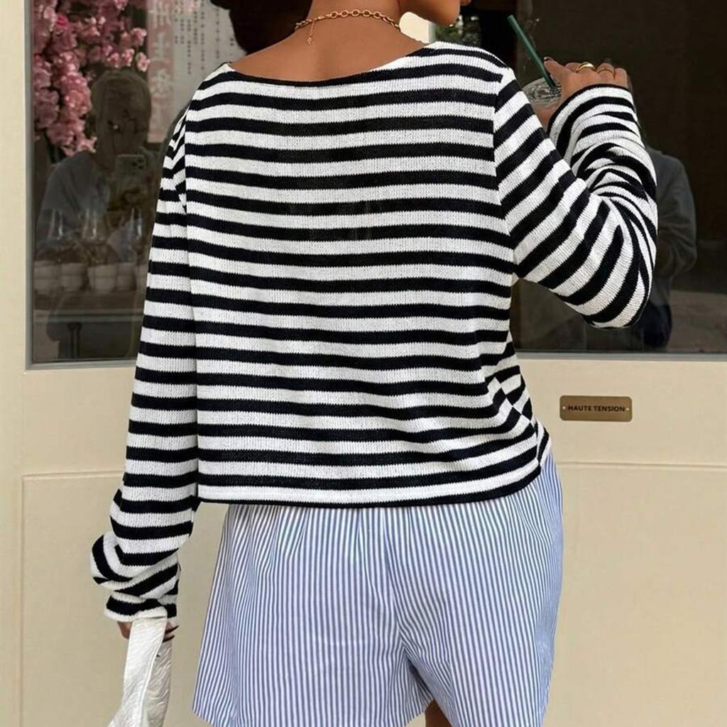 Damen Freizeit Gestreifter Strick Langarmshirt Lockerer Sitz Tief angesetzte Schultern Pullover Pullover Leichtes Weiches Stoff Oberteil für den Alltag