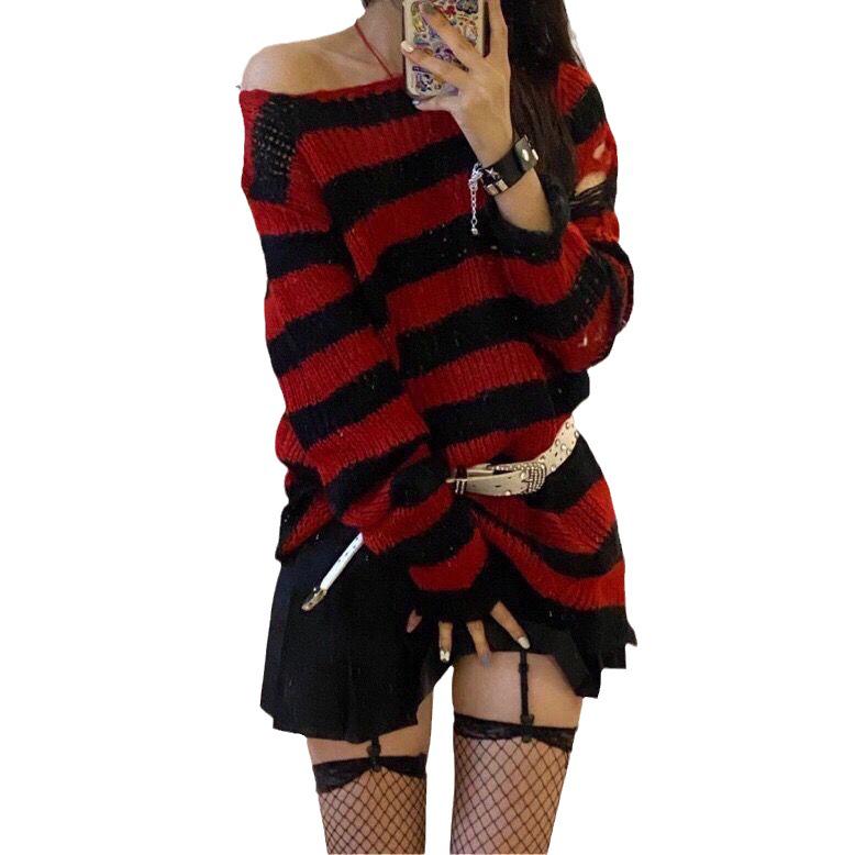 Unisex Punk Striped Gradient Ripped Knit Sweater