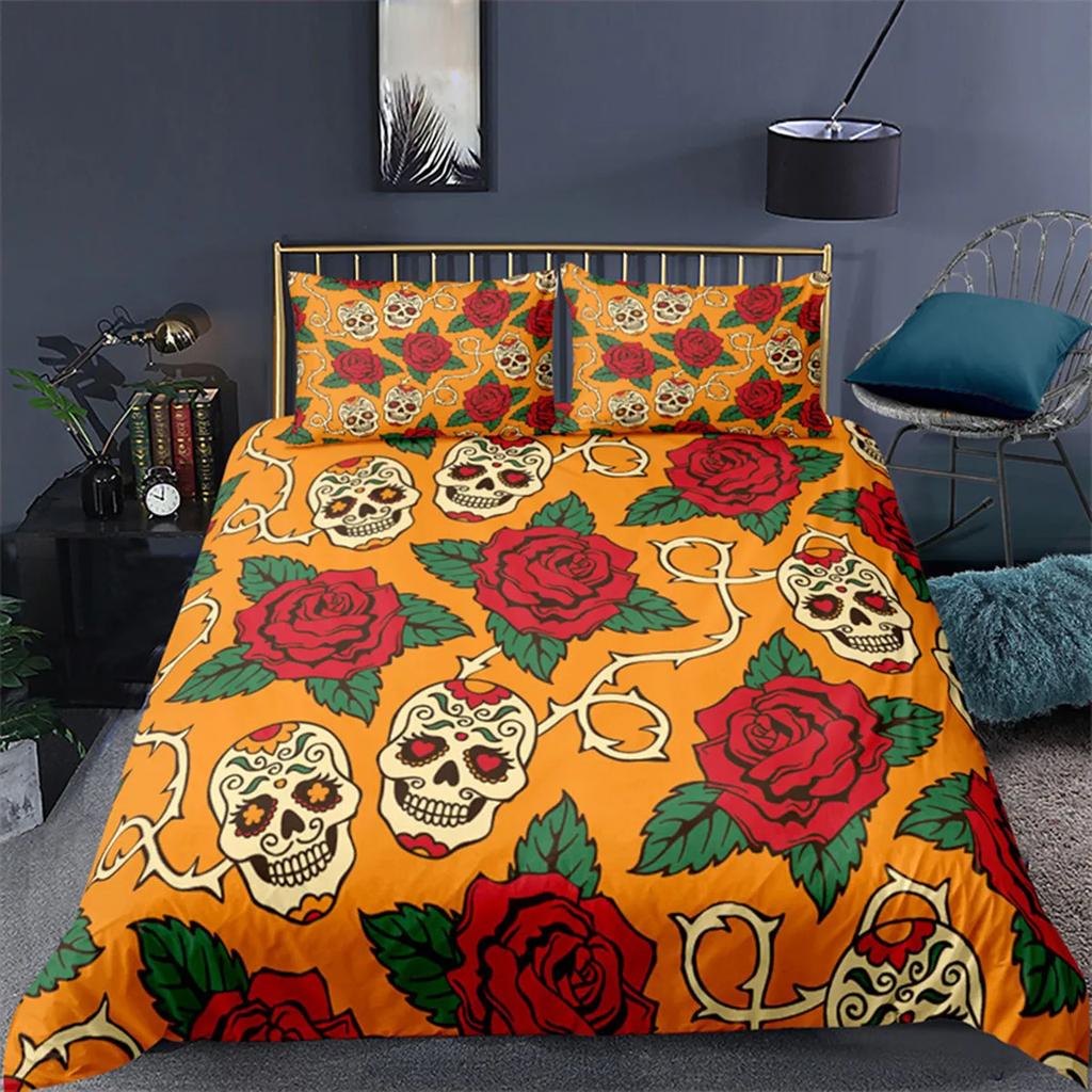 Skull Floral Skull Duvet Cover Full Size Gothic Skull Rose Bones Skeleton For Kids Women Men Red Black For Bedroom Decorations