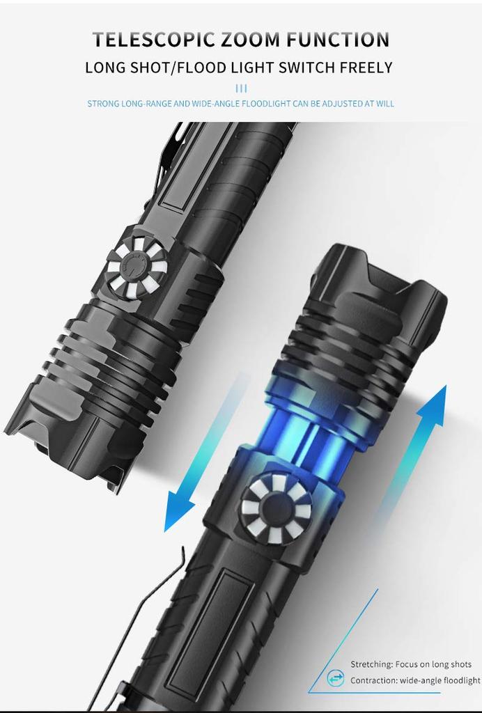 USB Rechargeable LED XHP99 8000 Lumens Tactical Flashlight with 4 Modes of Stepless Powerful Handheld Torch Light for and Emergency Situations