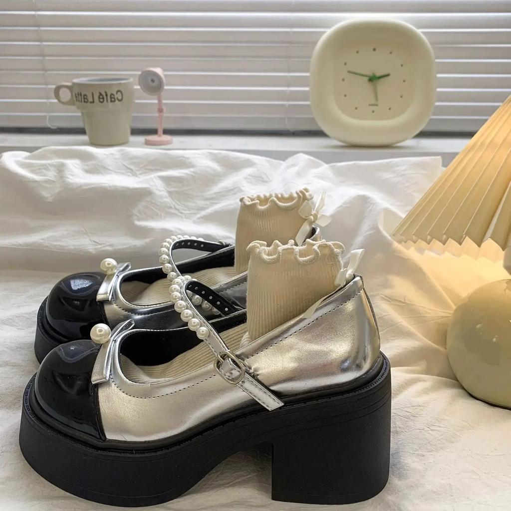 Fashion Cute Gothic Pearl High Heels Women's Shoes Japanese Style Lolita Mary Jane Round Toe Ladies Pumps Kawaii on Heeled Wholesale Y2k