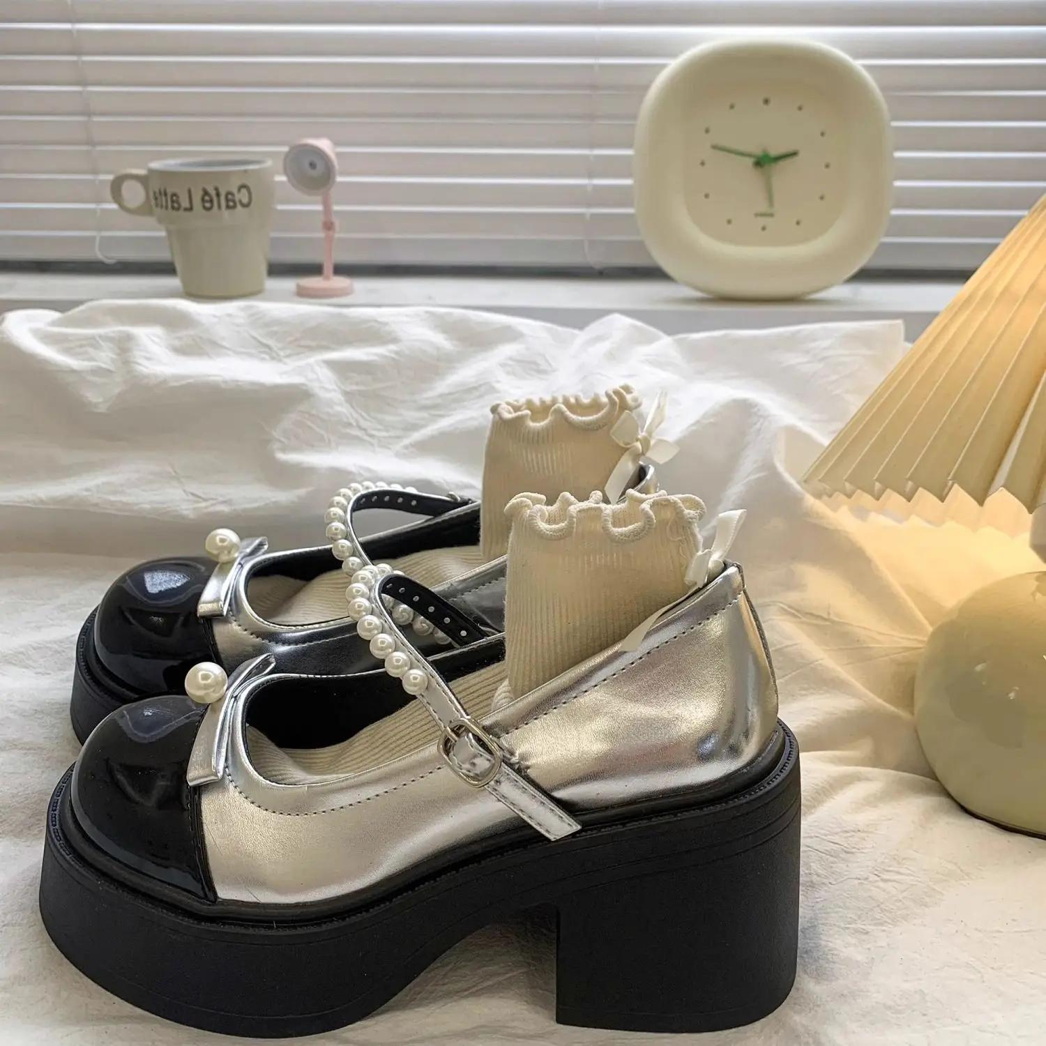 

Fashion Cute Gothic Pearl High Heels Women s Shoes Japanese Style Lolita Mary Jane Round Toe Ladies Pumps Kawaii on Heeled Wholesale Y2k 35