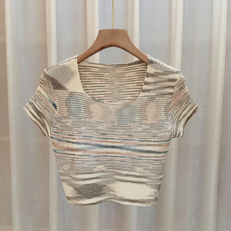 Sommer Neu Koreanischer Stil Schlichte Mode Regenbogenfarben Weich Wachsartig Quadratischer Kragen Kurzärmliger Pullover Damen T-Shirt Top