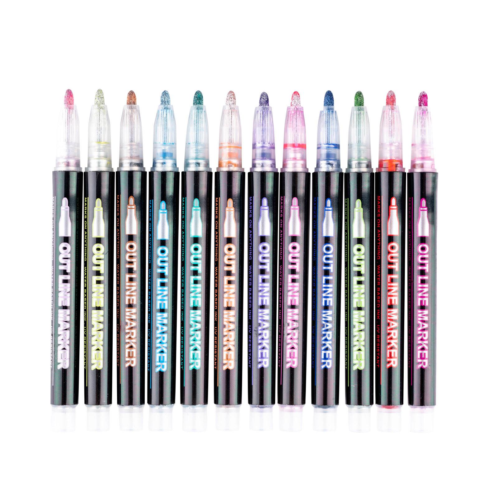 

Контурные маркеры, 12 цветов для каракулей, контурные маркеры, набор блестящих ручек с двойной линией для подарков, поздравительных открыток, письма и рисования, 1 мл One Size чёрный