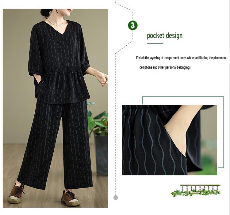 Real Shot 2025: Chic Slimming Plus-Size Summer Two-Piece Set with Light Mature Style and Wide-Leg Pants