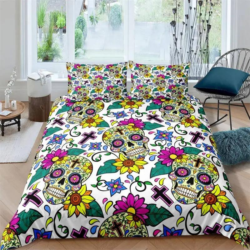 Sugar Skull Duvet Cover Luxury Gothic Skeleton Bedding Set Halloween Theme Floral Comforter Cover Twin Full For Girls Kids Teens